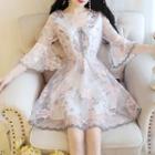 Flower Embroidered Flared-sleeve A-line Dress