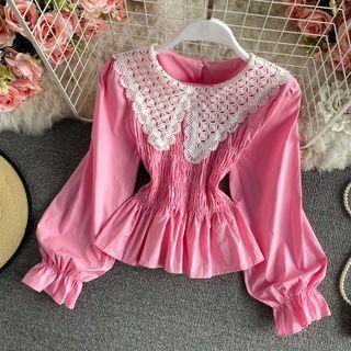 Crochet Lace Collar Long Sleeve Plain Shirt