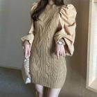 Puff-sleeve Cable Knit Mini Dress