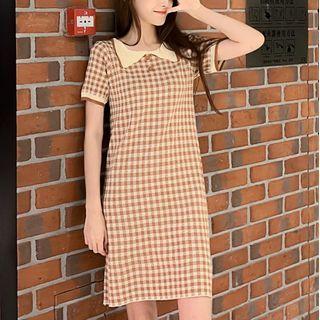 Short-sleeve Plaid Midi Polo Dress