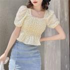 Puff-sleeve Floral Print Shirred Blouse Beige - One Size