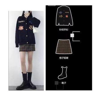 Floral Embroidery Cardigan / Plaid Mini Skirt / Set