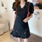 Short-sleeve Floral Embroidered Buttoned A-line Mini Dress