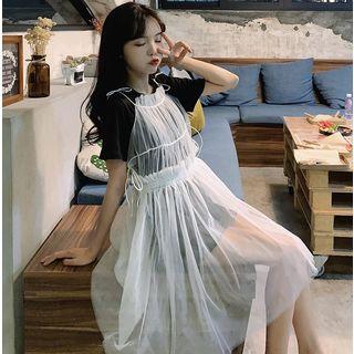 Set: Short-sleeve T-shirt Dress + Mesh Dress As Shown In Figure - One Size