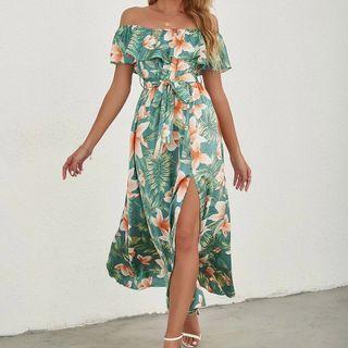 Off-shoulder Floral Print Tie-waist Midi A-line Dress