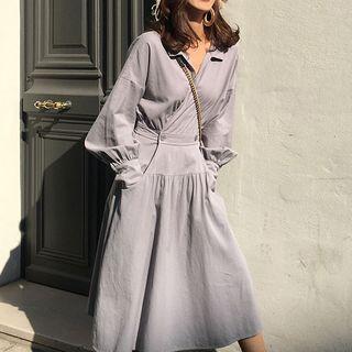 Long-sleeve Midi A-line Collared Dress / Plain Shirt