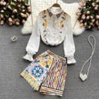 Set Of 2 : Print Long-sleeve Shirt + Print High-waist Wide-leg Pants