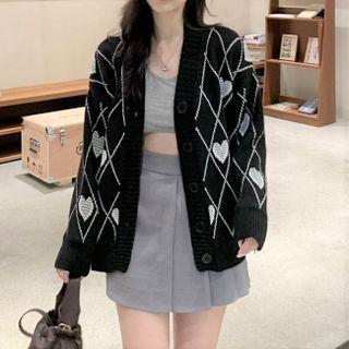 Heart Pattern Cardigan Black - One Size