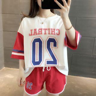 Set: Contrast Color Lettering Elbow-sleeve T-shirt + Piped Shorts