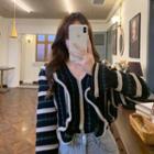 V-neck Ruffle Trim Striped Knit Top Black & White - One Size
