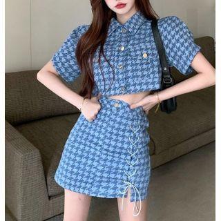 Short-sleeve Single-breasted Houndstooth Jacket / Mini A-line Skort
