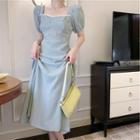 Puff Sleeve Lace Trim Square Neck Gingham A-line Dress Green - One Size