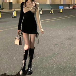 Long-sleeve Two-tone Drawstring Mini Sheath Dress
