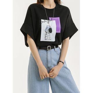 Drop-shoulder Printed T-shirt Black - One Size