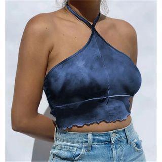 Halter-neck Tie-dyed Ruffled-trim Crop Camisole Top