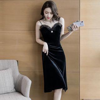 Spaghetti Strap Mesh Trim A-line Midi Velvet Dress