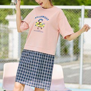 Print Short-sleeve Mock Two-piece T-shirt Dress