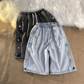 Drawstring Button-up Denim Shorts