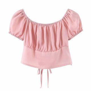 Puff-sleeve Shirred Lace-up Blouse