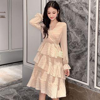 Bell-sleeve Striped Midi Layered Dress
