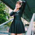 Cat Print Long-sleeve Swimdress