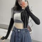 Long-sleeve Asymmetrical Tie-dye Print Panel Cropped T-shirt Black & Grey - One Size