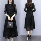 Stand-collar Lace Panel A-line Dress