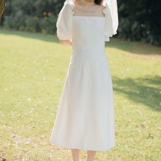 Puff-sleeve Square-neck A-line Wedding Dress