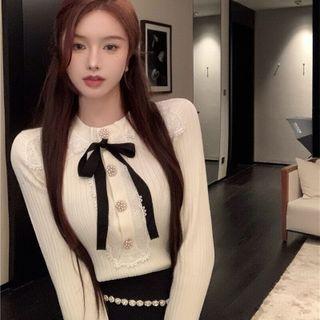 Long-sleeve Lace Trim Knit Top / Embellished Mini Pencil Skirt