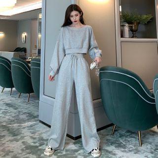 Plain Long-sleeve Cropped Pullover / Loose-fit Pants / Hooded Jacket