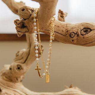 Faux-pearl Layered Bracelet Gold - One Size