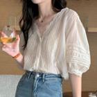 Elbow-sleeve Lace Trim Blouse Beige - One Size