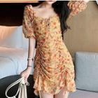 Ruched Front Floral Mini Sheath Dress As Shown In Figure - One Size