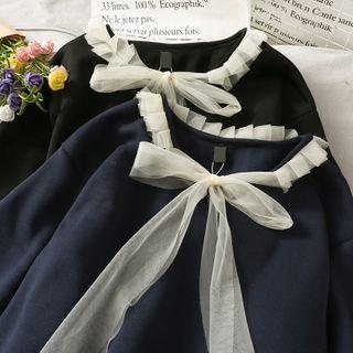 Mesh Ribbon-neckline Loose Neoprene Pullover