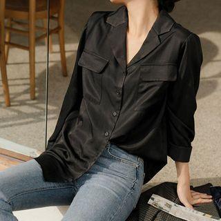 Plus Size Flap-pocket Satin Blouse