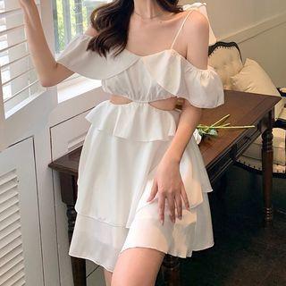 Off-shoulder Ruffled Cutout A-line Dress White - One Size