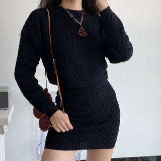 Set : Loose-fit Round-neck Knit Top + Mini Skirt