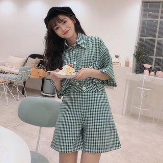 Set: Plaid Elbow-sleeve Shirt + Wide-leg Shorts Set - Plaid - Green - One Size