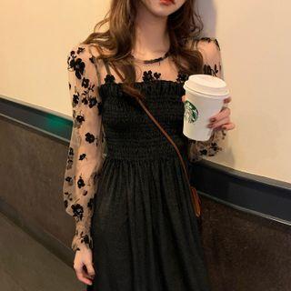 Mesh Sleeve Midi A-line Velvet Dress Black - One Size