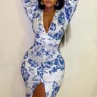 Long Sleeve V-neck Floral Print Slit Midi Dress