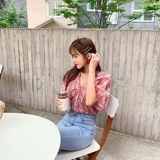 Puff-sleeve Shirred Plaid Blouse