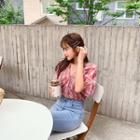 Puff-sleeve Shirred Plaid Blouse