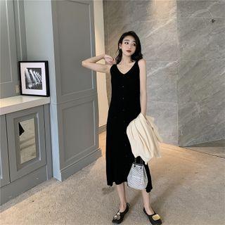 Buttoned V-neck Midi Tank Dress Black - One Size