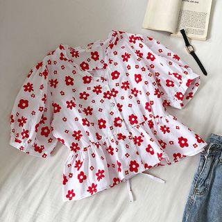 Flower Print V-neck Single-breasted Ruffled-trim Top