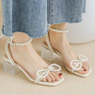 Block-heel Faux Pearl Ankle Strap Sandals