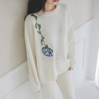 Drop-shoulder Flower-embroidered Knit Top