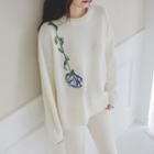 Drop-shoulder Flower-embroidered Knit Top