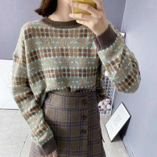 Long-sleeve Round-neck Lattice Knit Sweater