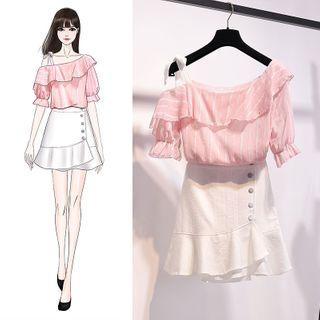 Cold-shoulder Striped Ruffled Short-sleeve Blouse / Flared Hem Mini A-line Skirt / Set