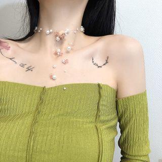 Faux Pearl Rose Y Choker Silver - One Size